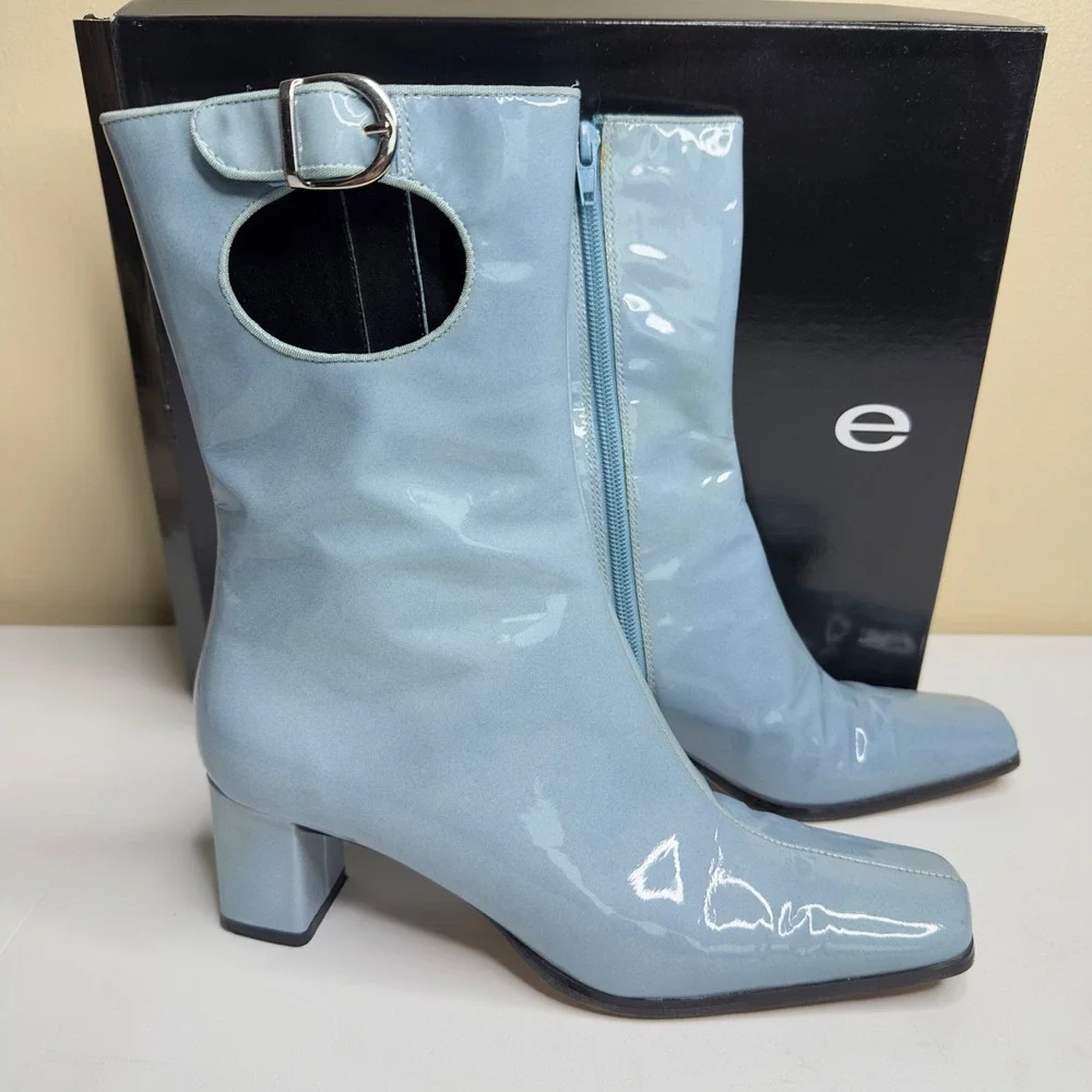 Hype Obsession Blue Patent Leather Boots Buckle Cutout Square Toe Size 7 - Picture 2 of 6